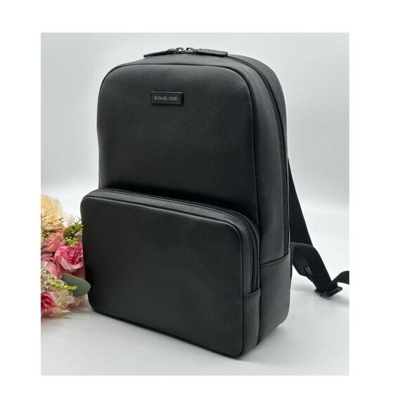 Michael Kors Men’s Black Front Zippers Pocket Leather Travel Backpack - Picture 5 of 16